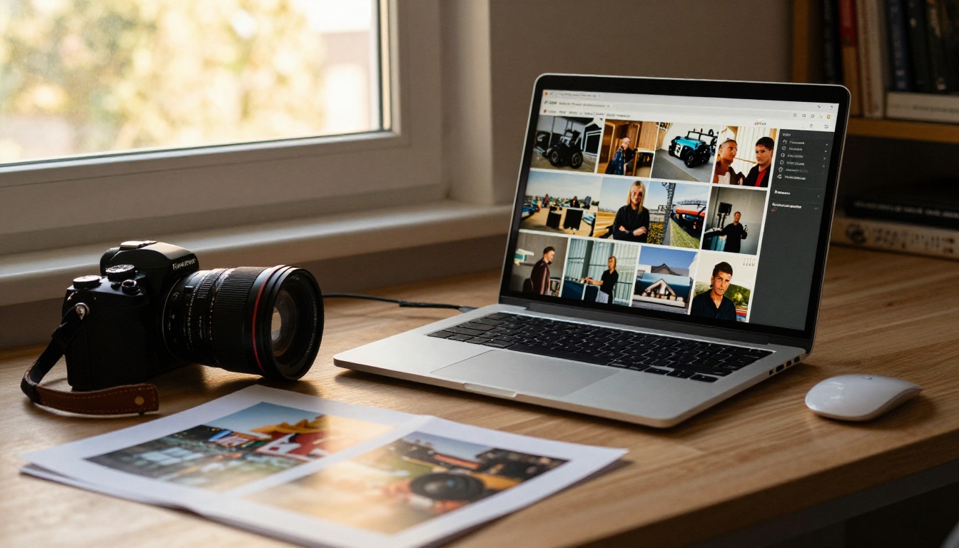 Photographer reviewing a portfolio on a laptop beside a camera and prints