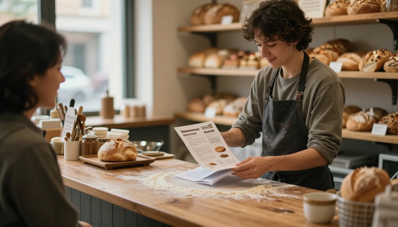 Bakery owner flipping through a printed recipe mini booklet with a smiling customer Bakery owner flipping through a printed recipe mini booklet with a smiling customer