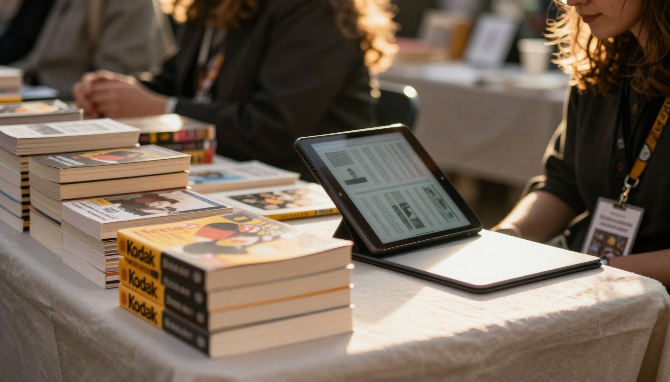 Author at a book fair table with paperbacks and a tablet Author at a book fair table with paperbacks and a tablet