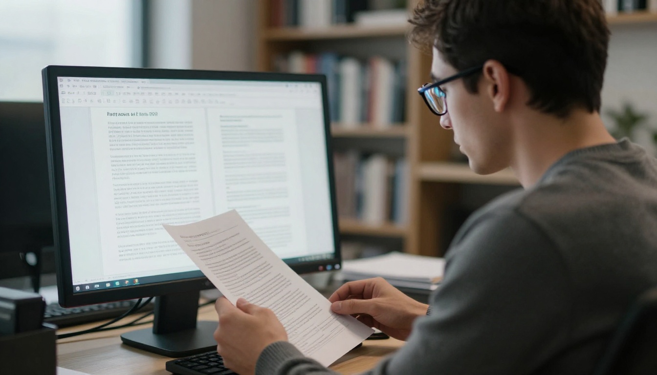 Man reading a very long PDF report on a large monitor in a quiet office Man reading a very long PDF report on a large monitor in a quiet office