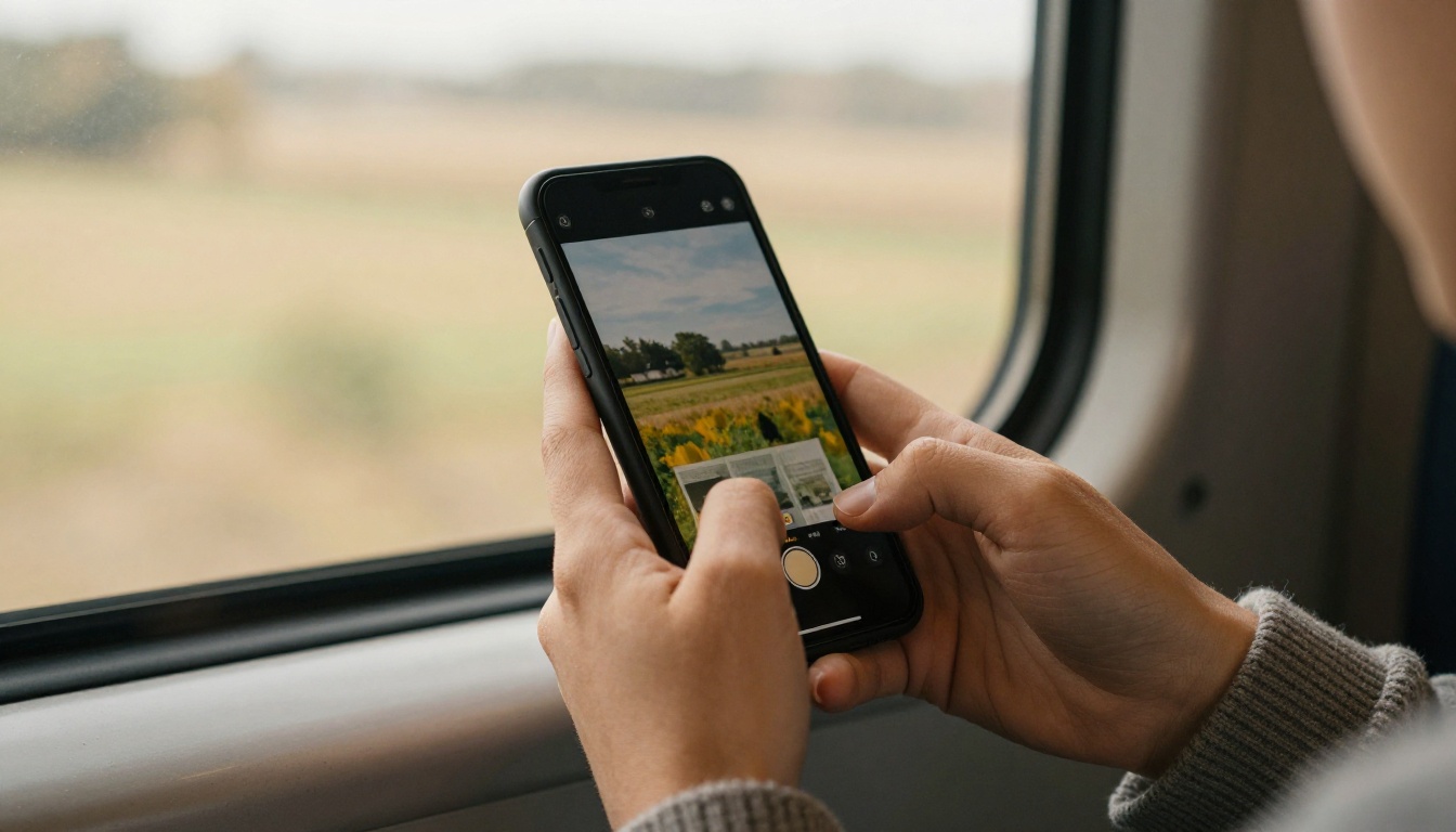 Woman reading a short interactive booklet on a smartphone on a train Woman reading a short interactive booklet on a smartphone on a train