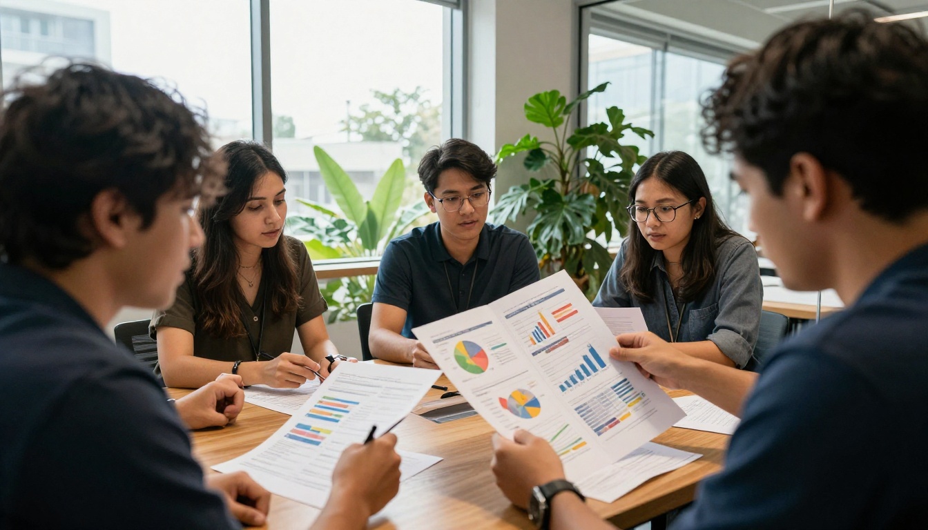 Small marketing team reviewing printed charts and a booklet around a conference table Small marketing team reviewing printed charts and a booklet around a conference table