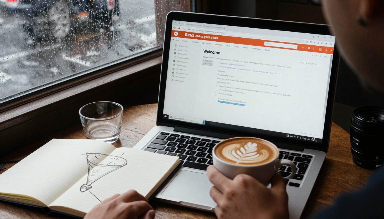 Freelancer laptop showing an email inbox with a notebook funnel sketch and latte Freelancer laptop showing an email inbox with a notebook funnel sketch and latte