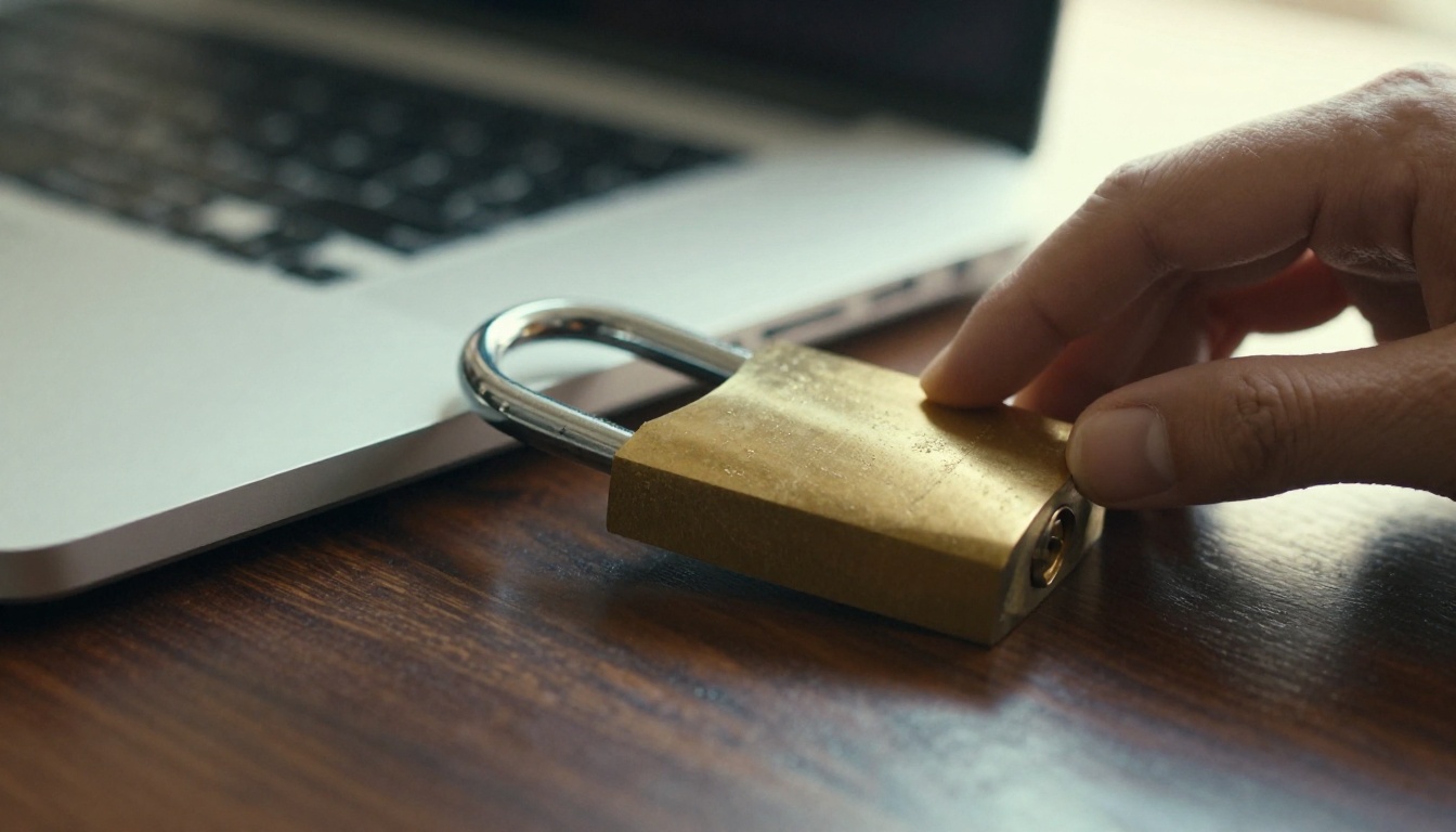 Hands holding a padlock on a laptop, a symbol of flipbook privacy
