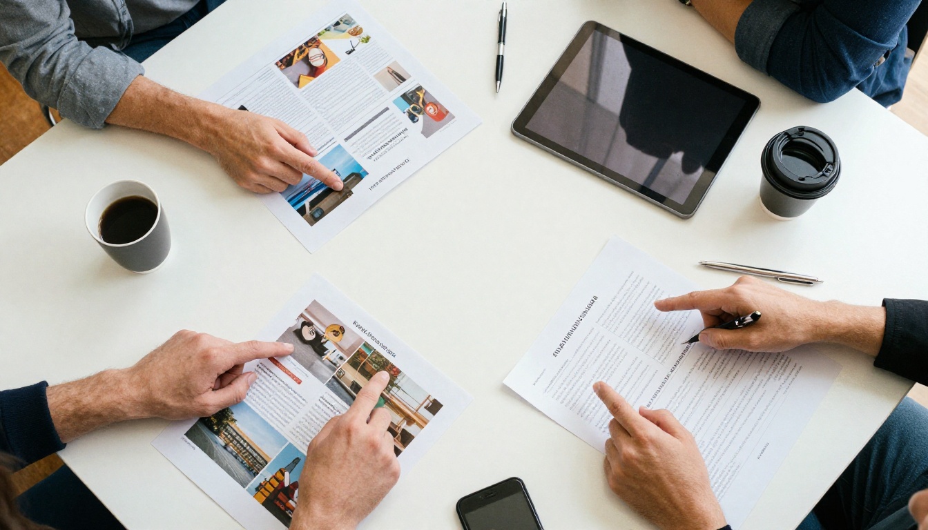 Four colleagues reviewing printed brochures and a tablet around a table