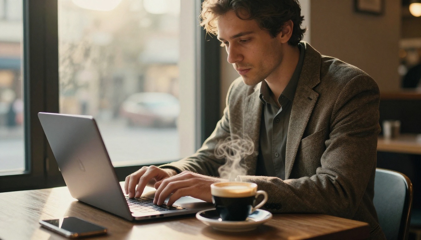 Man typing on a laptop in a cafe while sharing a flipbook link