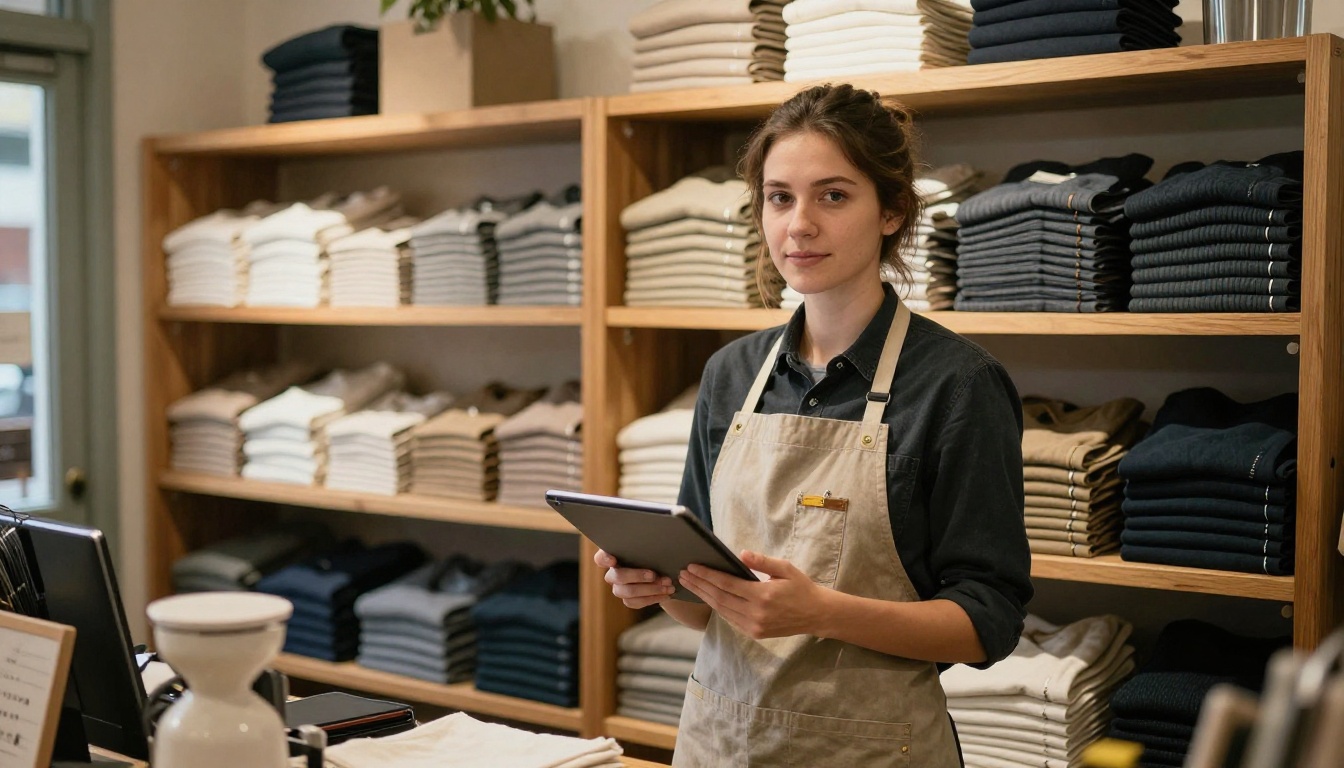 Small business owner in a boutique holding a tablet with her flipbook catalog