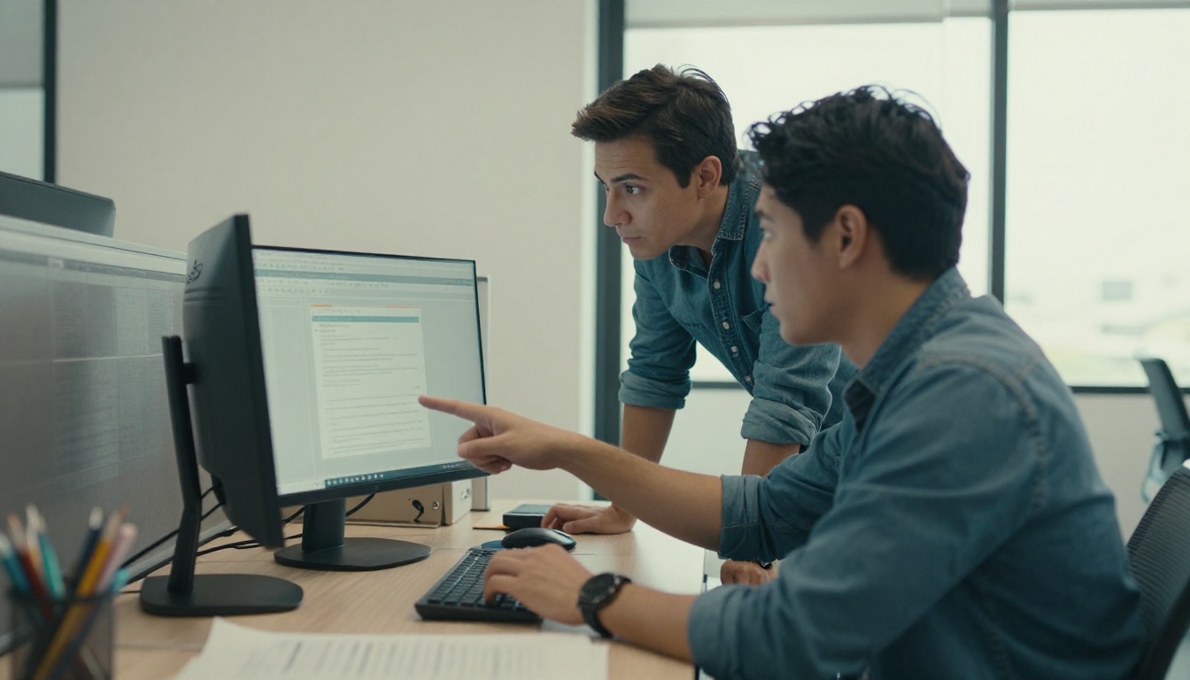 Two colleagues reading a document together on one monitor Two colleagues reading a document together on one monitor