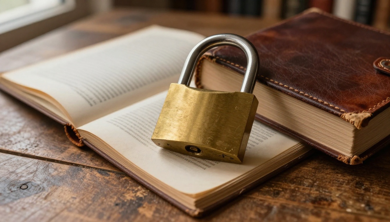 Brass padlock on an open book Brass padlock on an open book