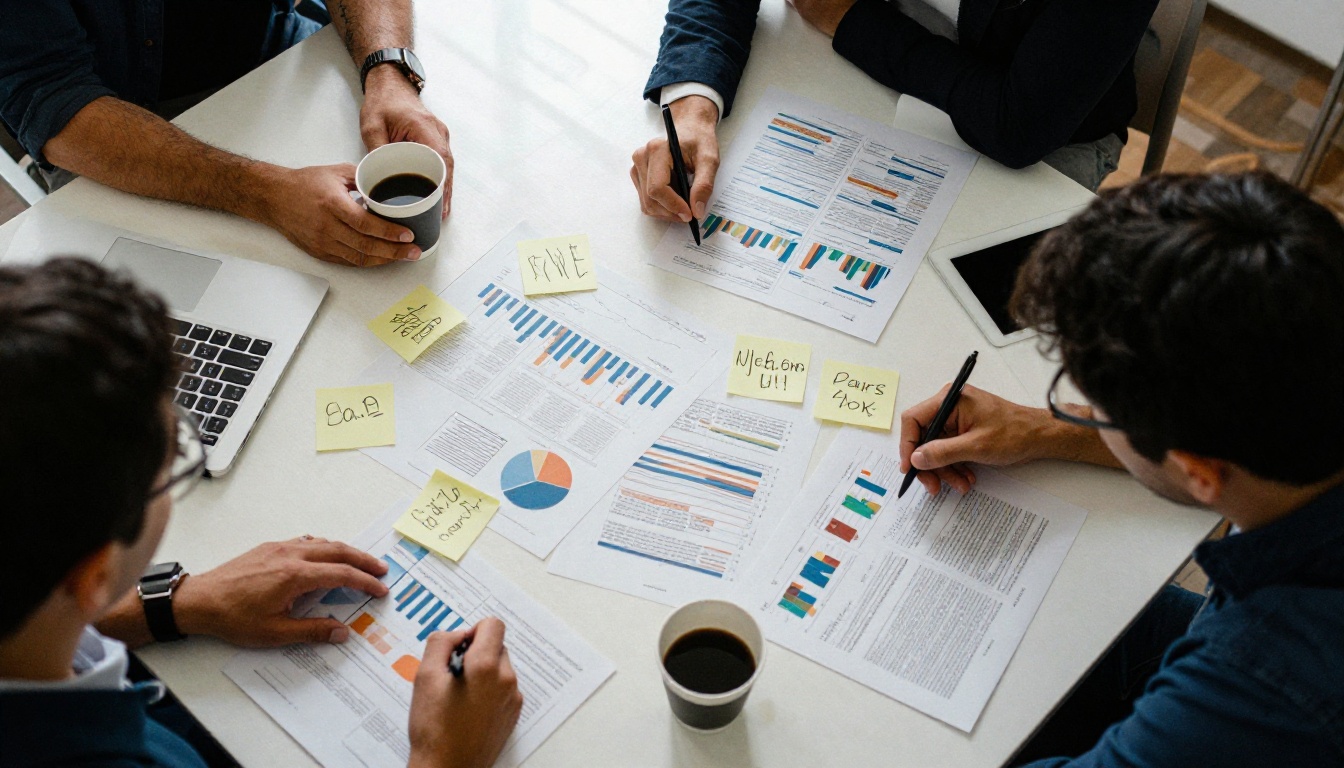 Overhead view of a marketing team reviewing charts Overhead view of a marketing team reviewing charts