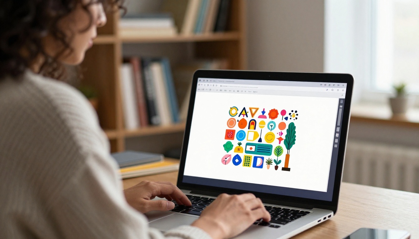Designer reviewing vector artwork on a laptop in a cozy home office