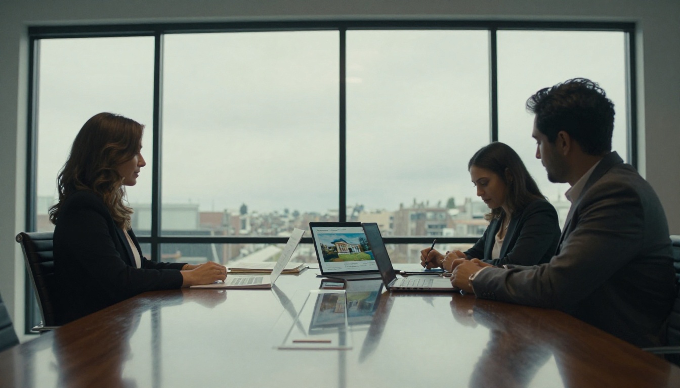 Real estate agent presenting a brochure to a couple at a glass table