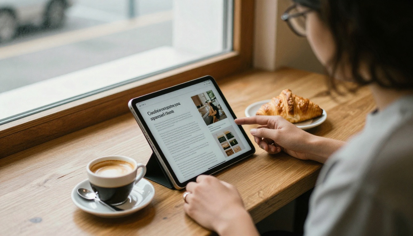 Small business owner reading a digital brochure on a tablet at a cafe Small business owner reading a digital brochure on a tablet at a cafe