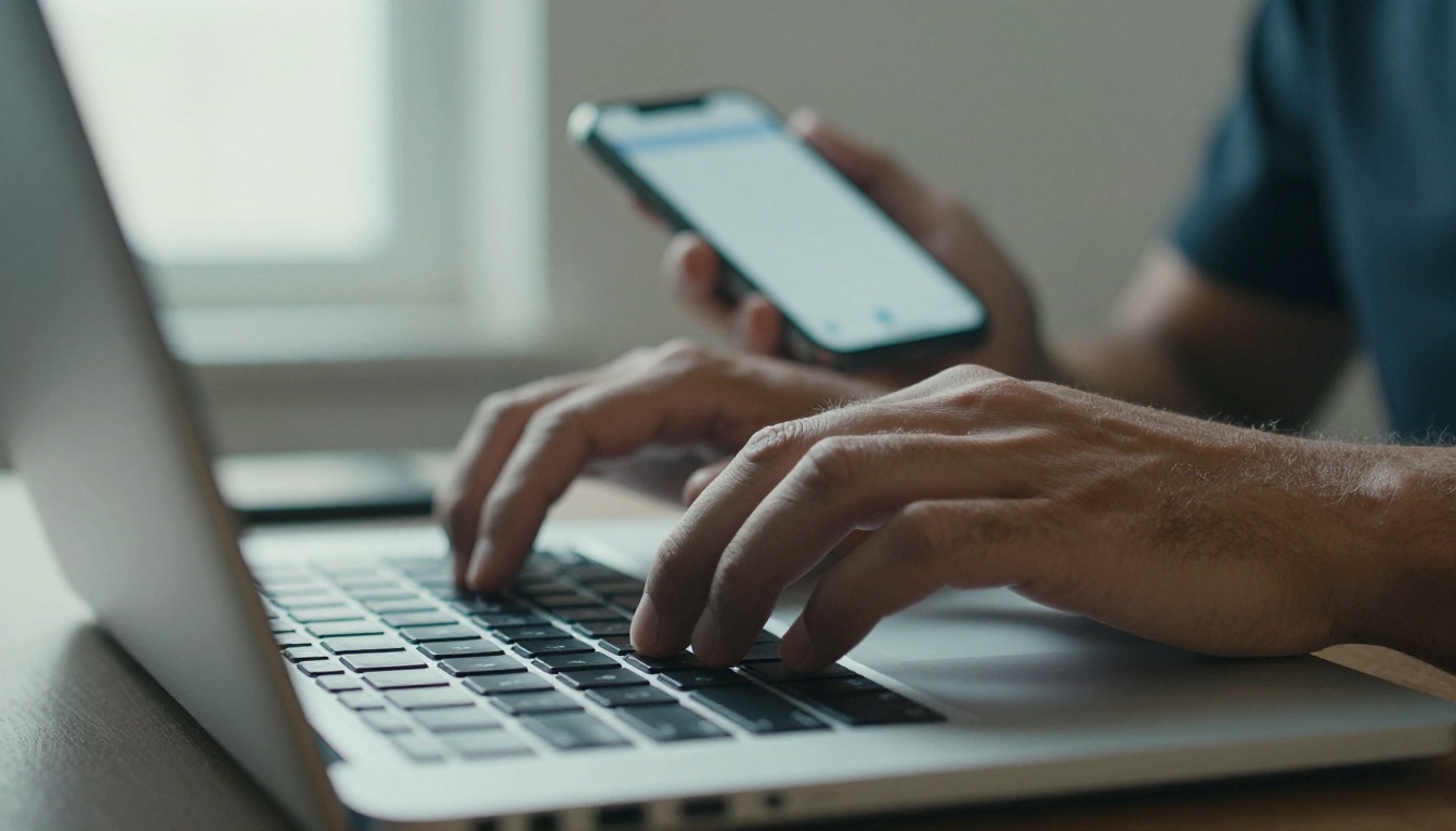 Hands typing on a laptop with a form on the phone Hands typing on a laptop with a form on the phone