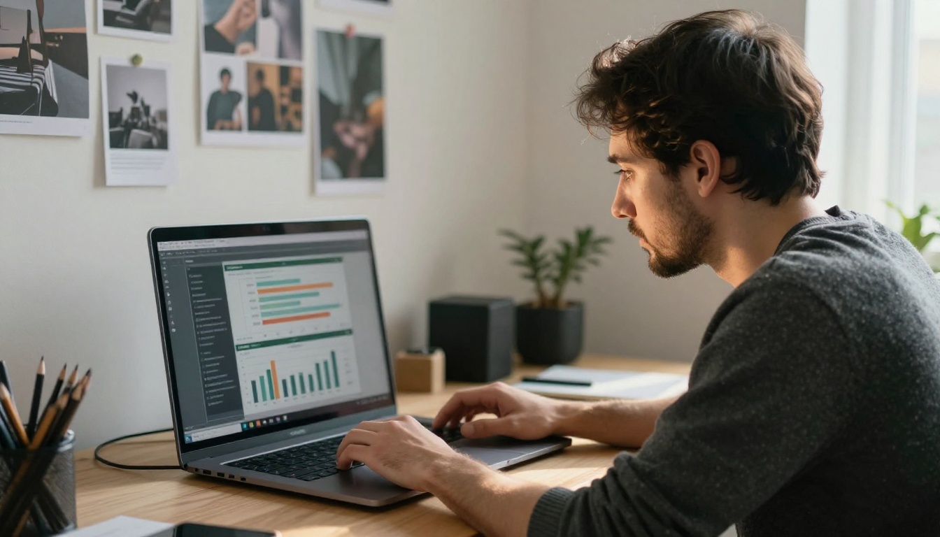 Designer reviewing reader analytics on a laptop at a standing desk