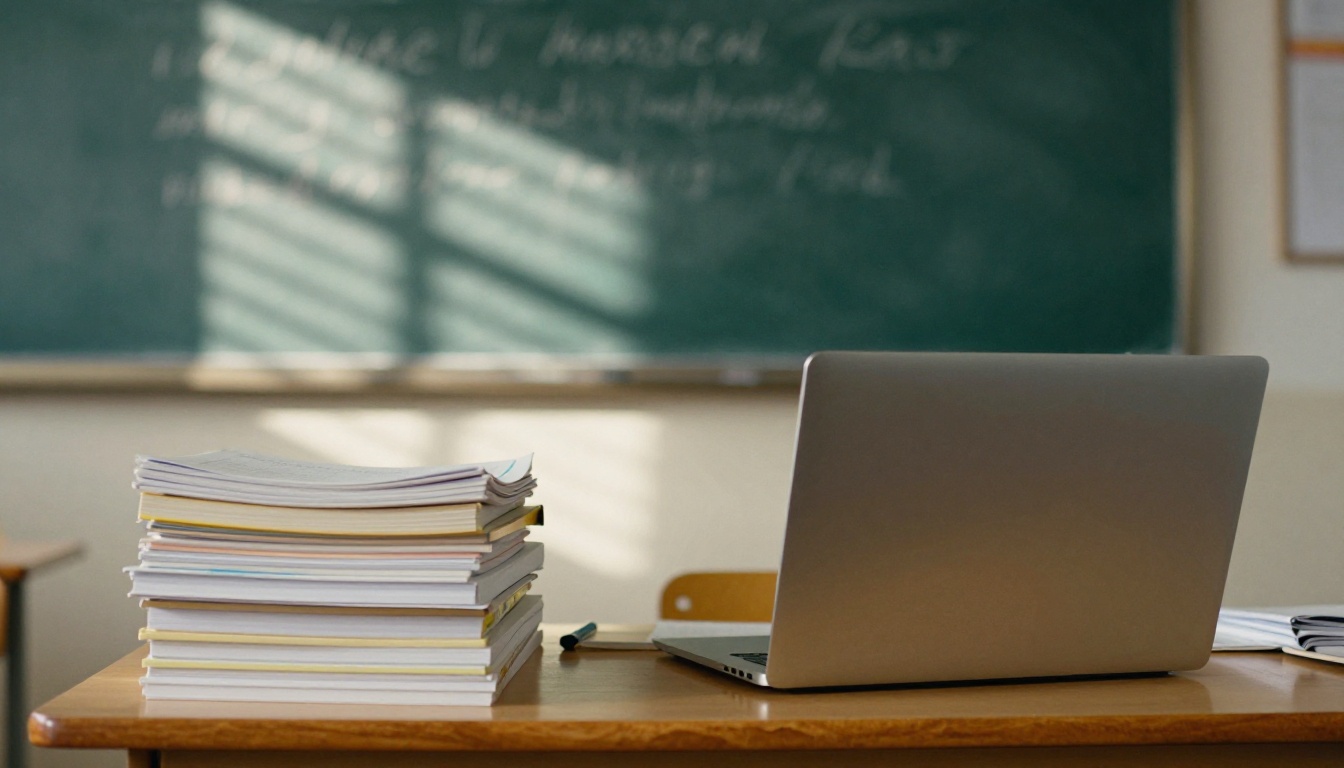Teacher at a classroom desk with a laptop and workbooks Teacher at a classroom desk with a laptop and workbooks
