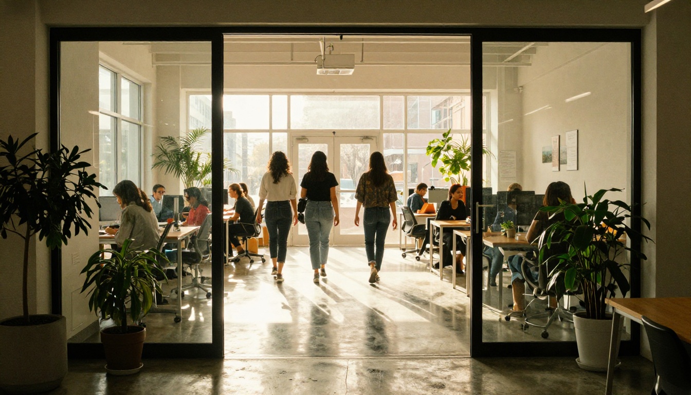 Open glass door of a coworking space Open glass door of a coworking space