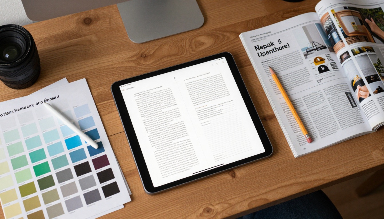 Aerial view of a desk with a tablet showing a page layout and printed magazine spreads