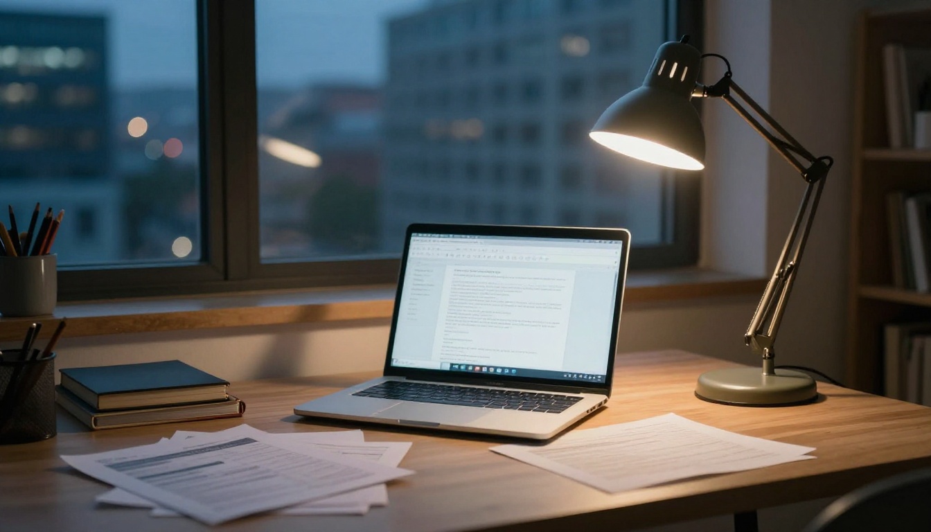 Writer's desk at dusk with a laptop and printed pages, ready to publish