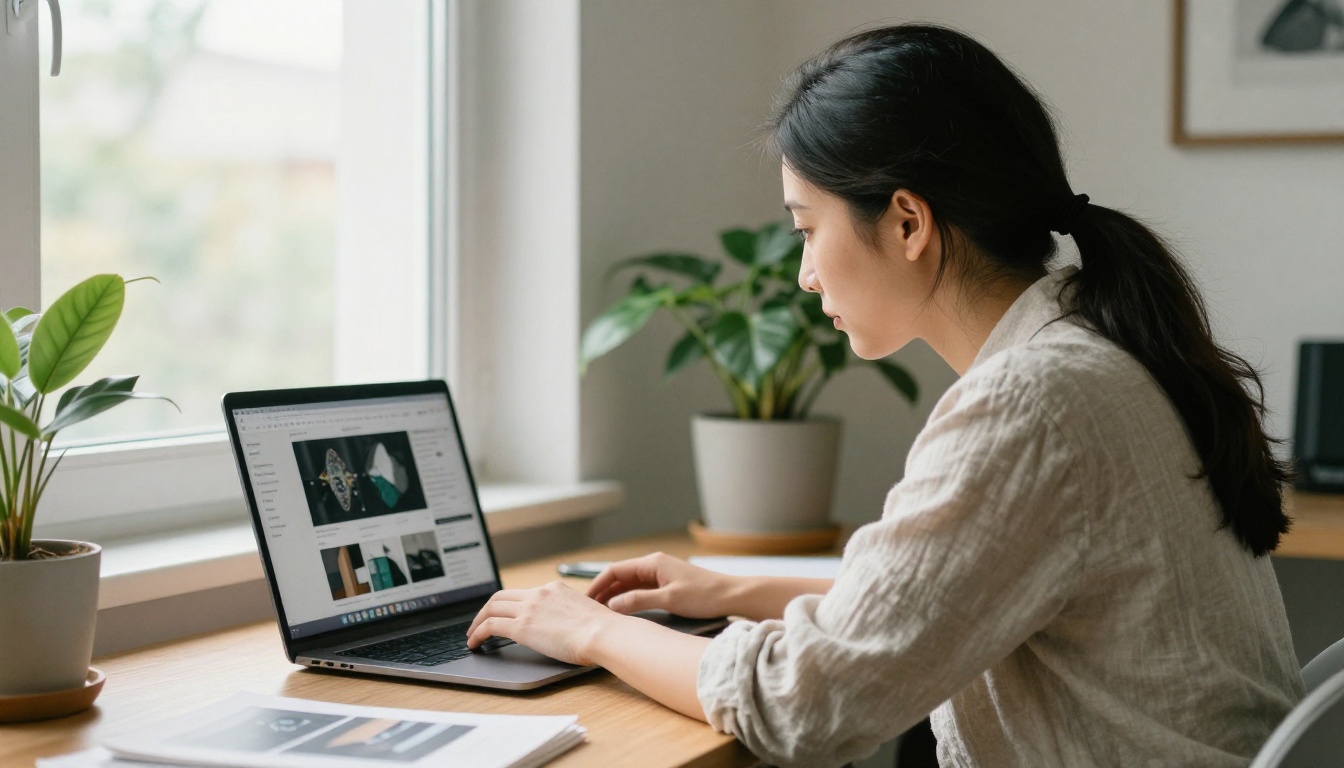 Designer at a standing desk checking a portfolio on a laptop Designer at a standing desk checking a portfolio on a laptop