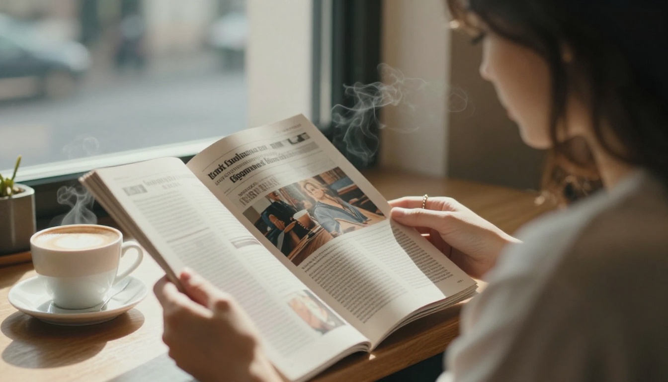 Reading a magazine in a cafe Reading a magazine in a cafe