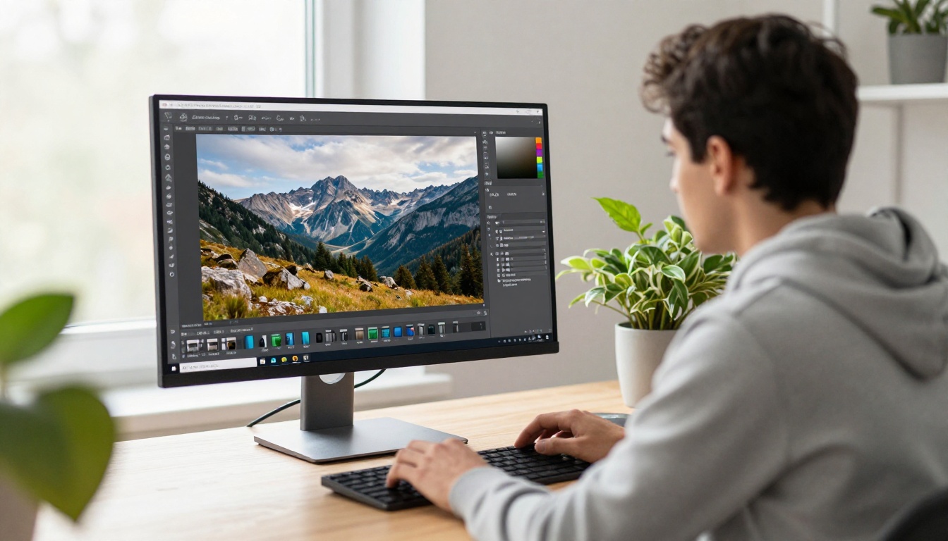 Young designer working at a standing desk with a photo editing workspace