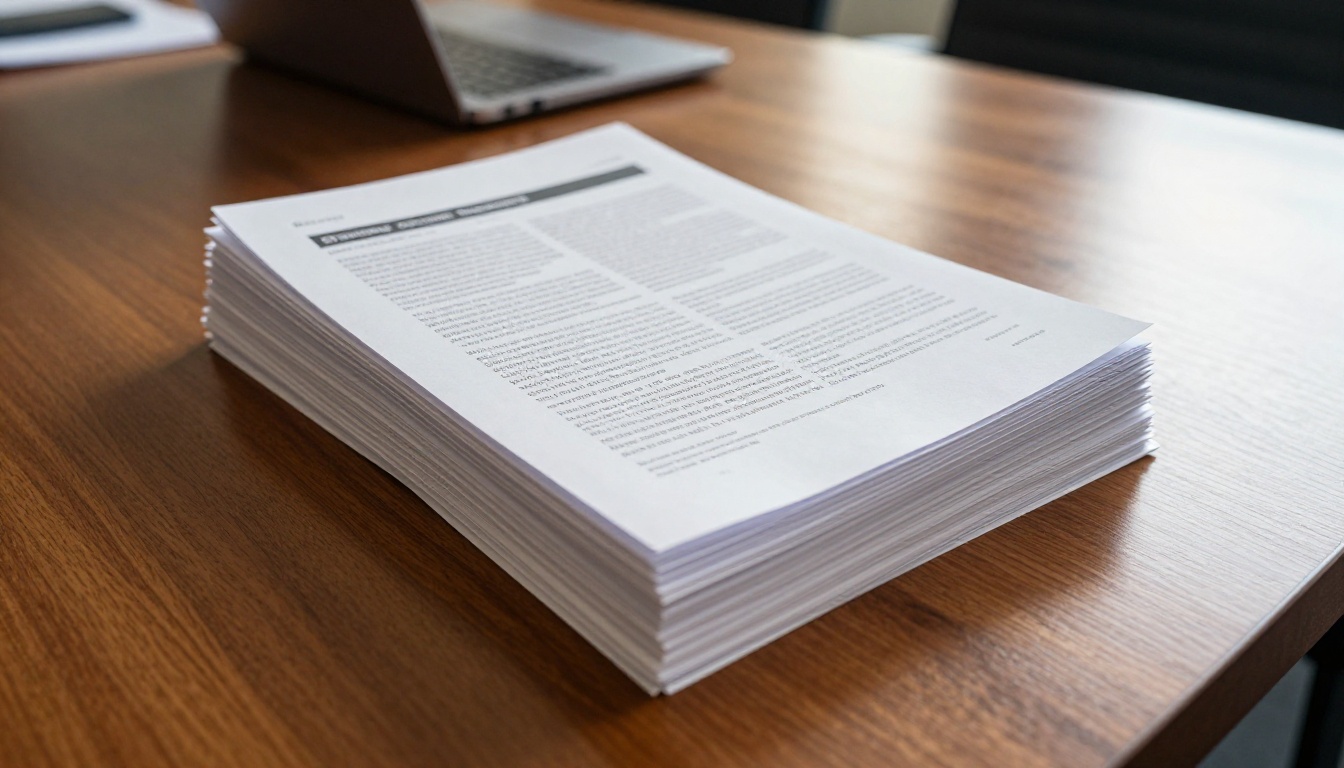 Stack of reports and a closed laptop on a conference table Stack of reports and a closed laptop on a conference table