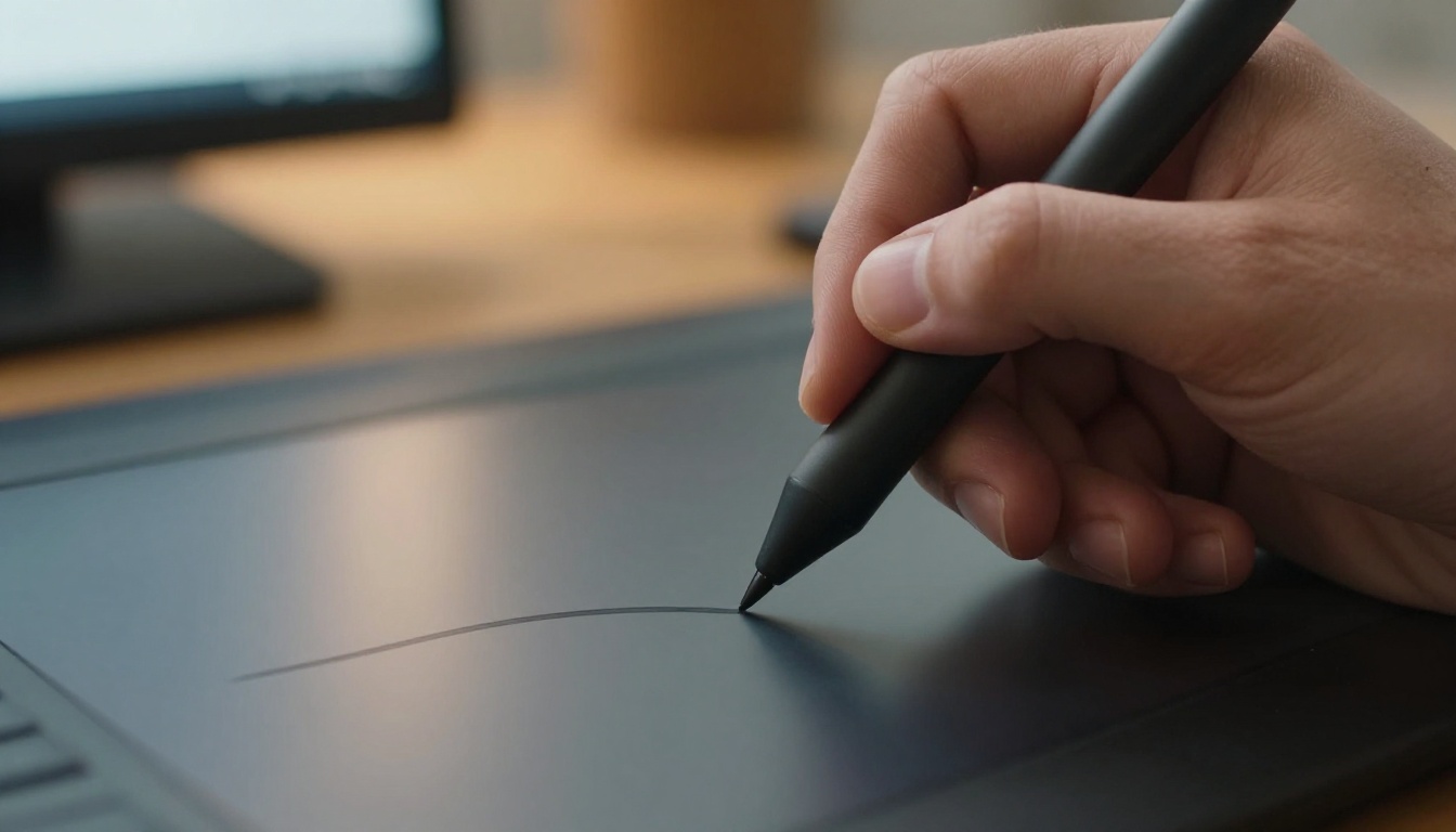 Close-up of a hand with a stylus drawing a curve on a graphics tablet