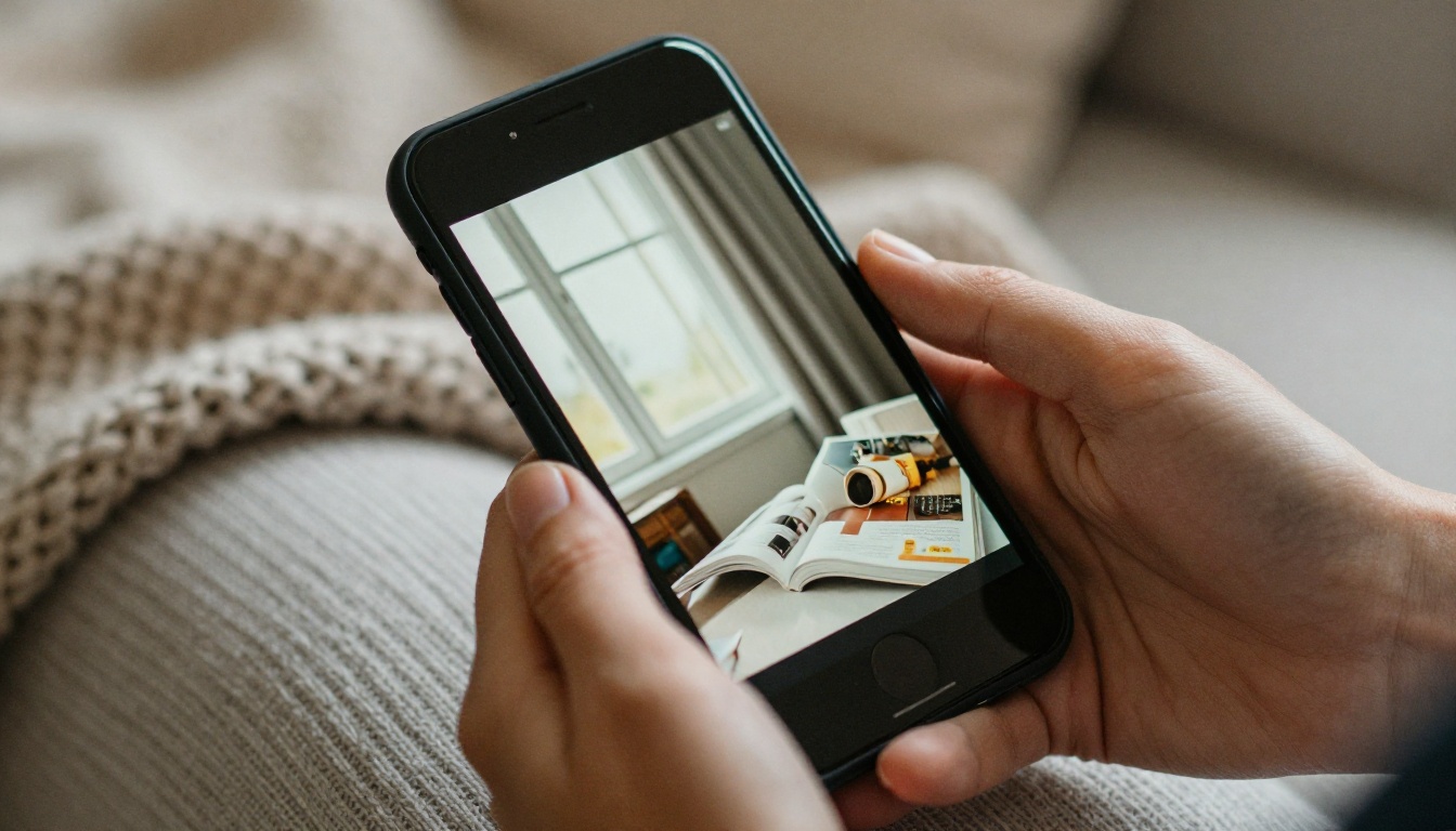 Hands holding a phone showing a digital page turning magazine Hands holding a phone showing a digital page turning magazine