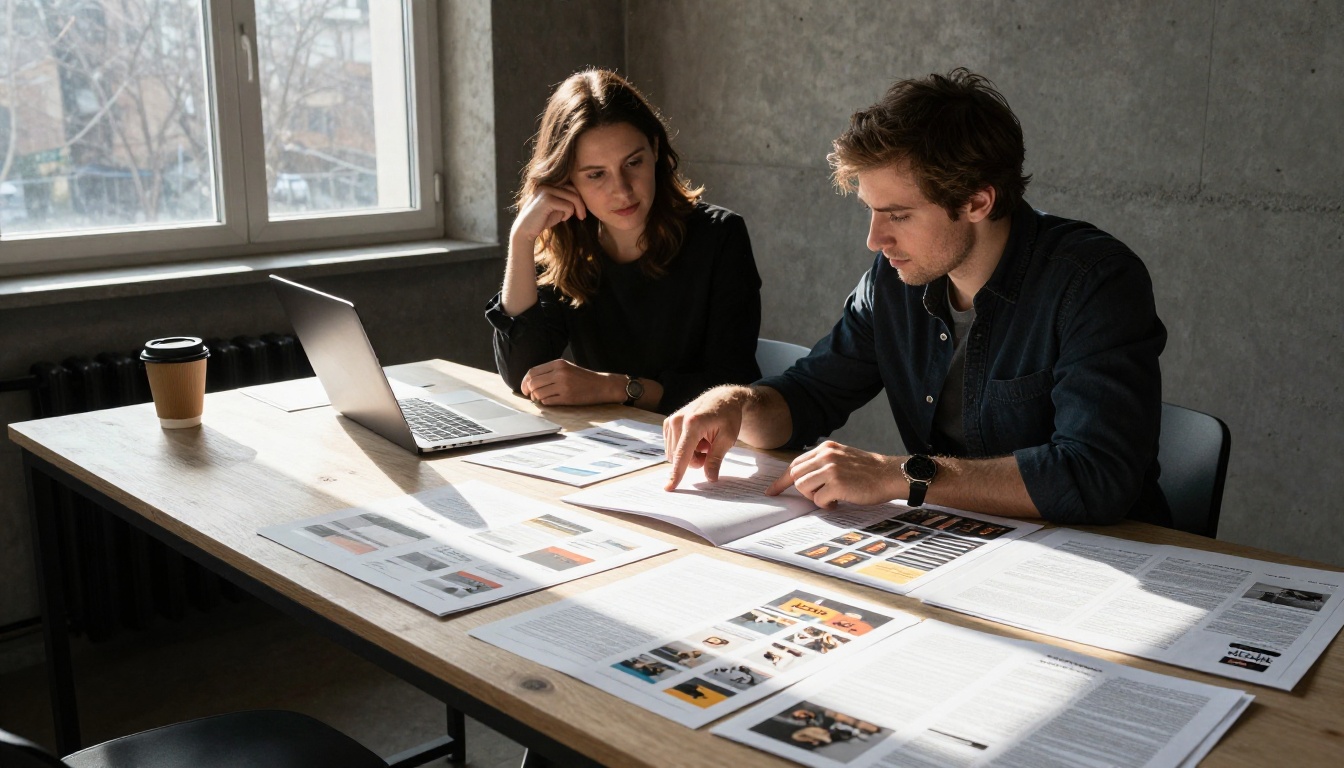 Two designers reviewing printed brochure proofs together at a table
