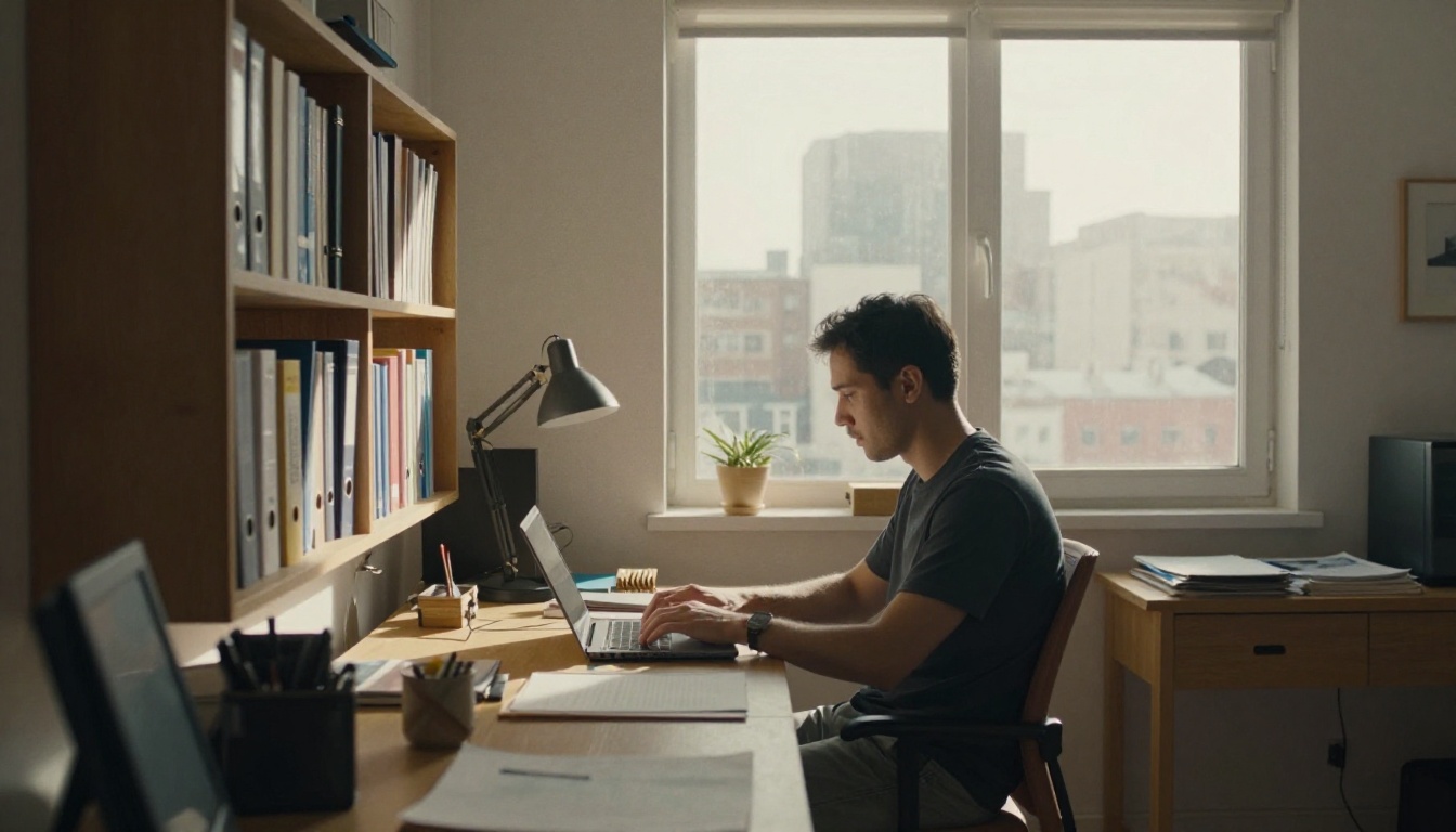 Home office with a man typing on a laptop and binders on shelves Home office with a man typing on a laptop and binders on shelves