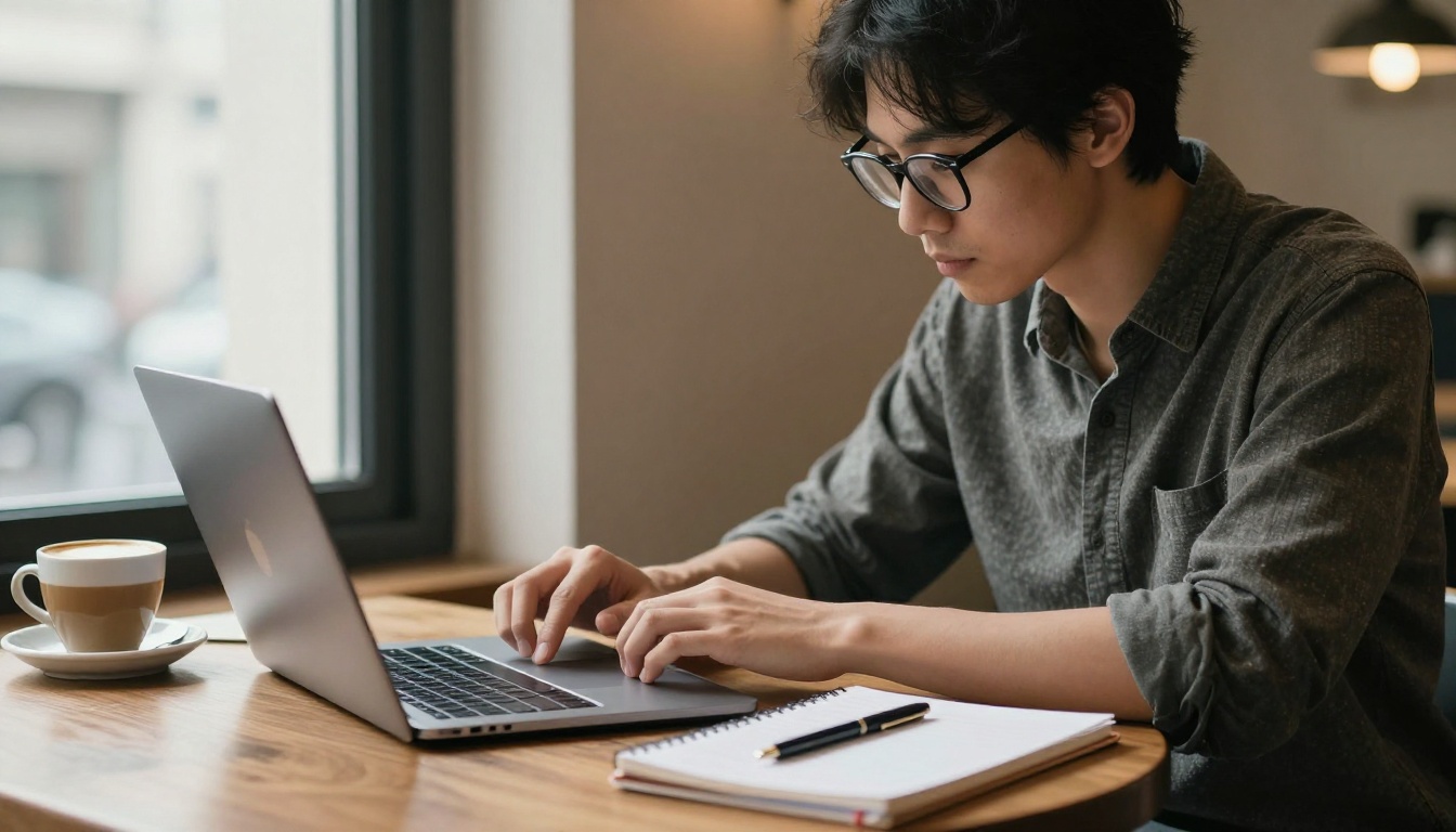 Freelance designer reading terms on a laptop at a café table