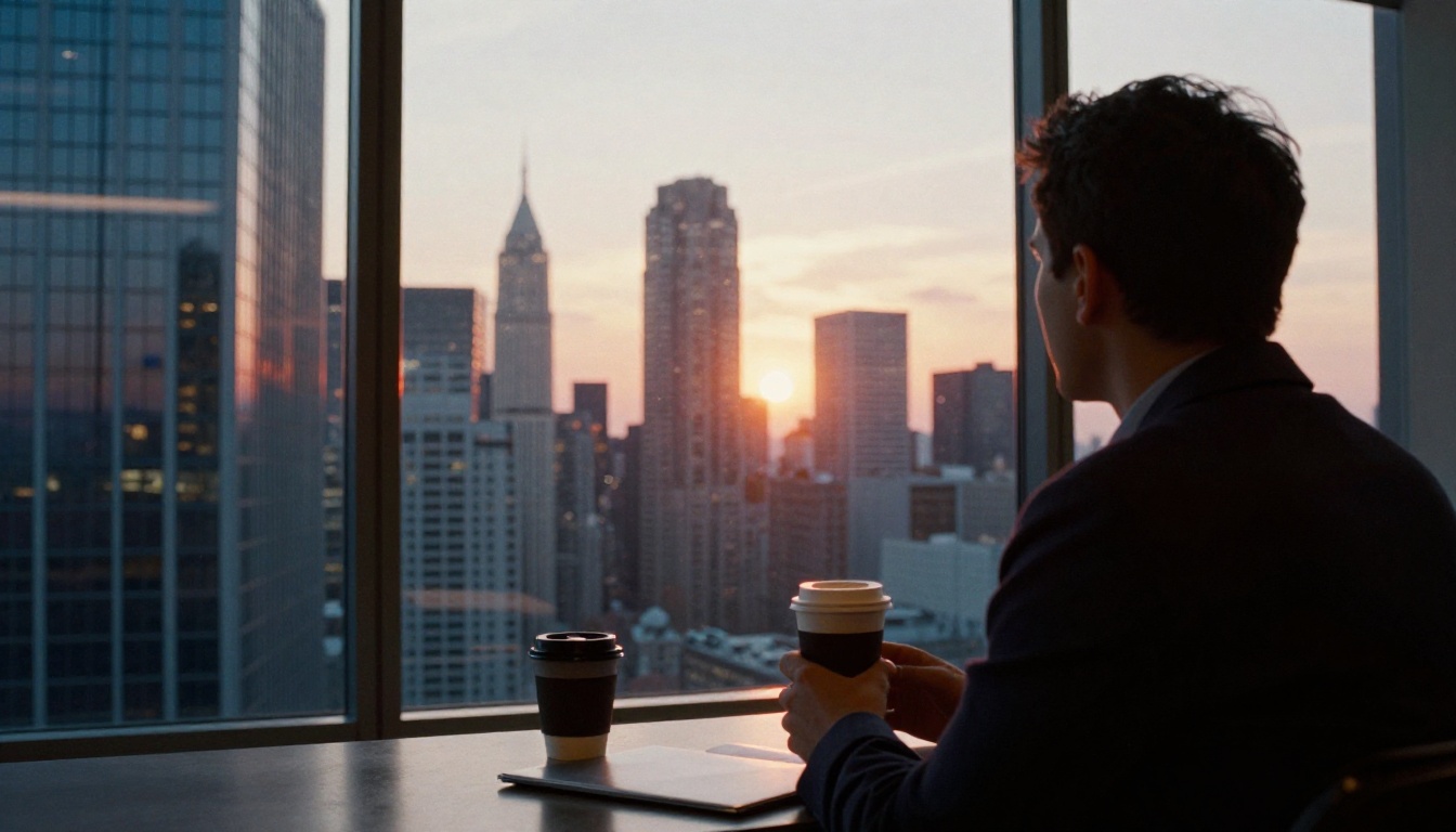 Founder looking at a city skyline at dawn Founder looking at a city skyline at dawn
