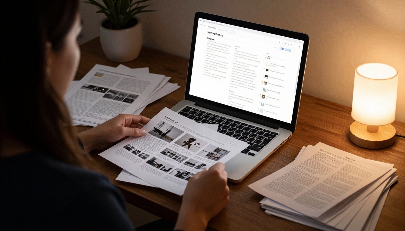 Designer exporting a finished PDF portfolio on a laptop with printed pages nearby