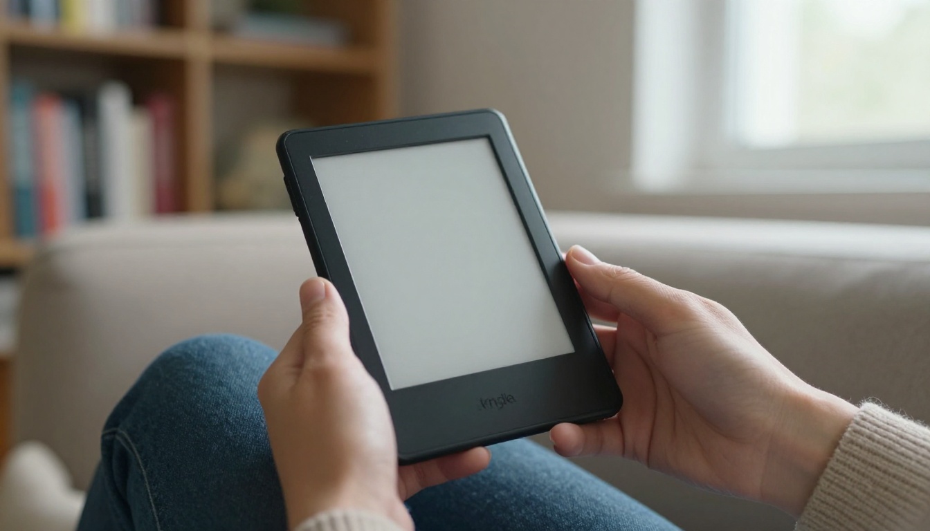Kindle e-reader held on a sofa Kindle e-reader held on a sofa
