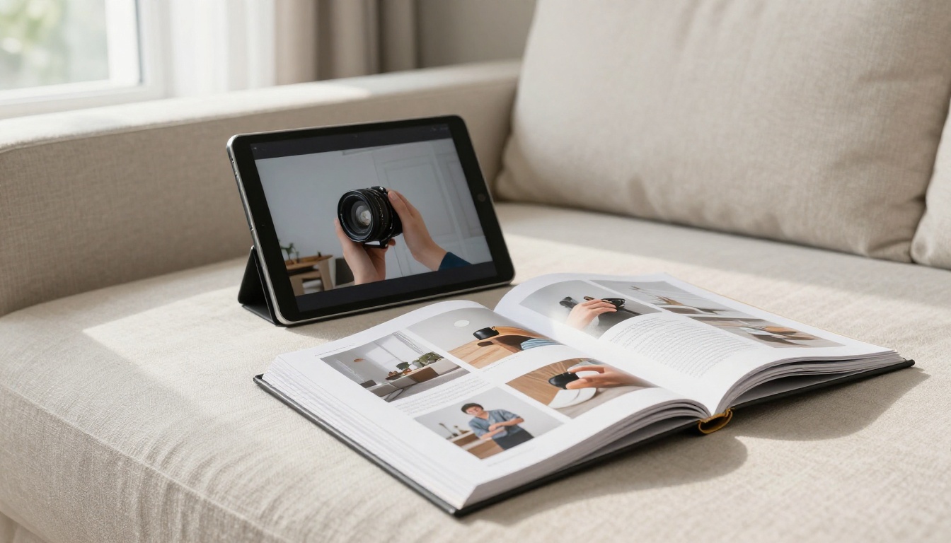 Person flipping through a printed catalog next to a tablet showing a digital book