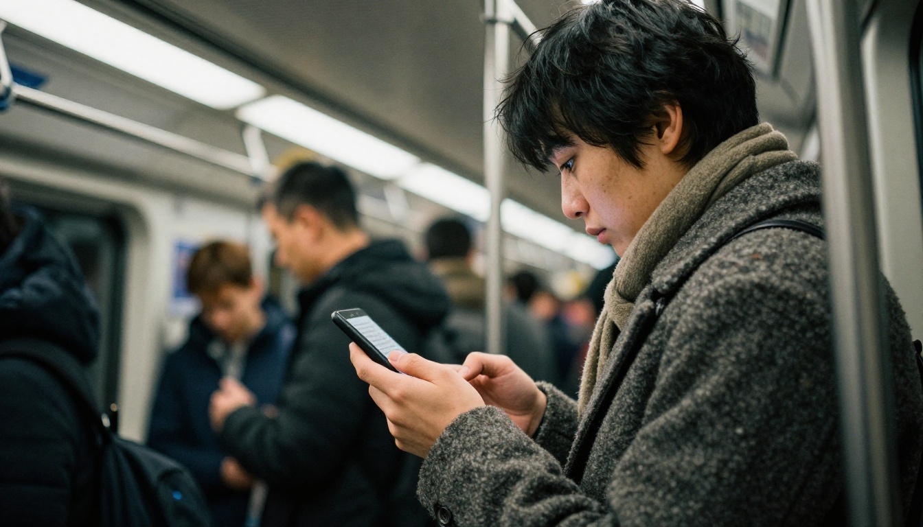 A commuter reading an ebook on a phone on a crowded subway
