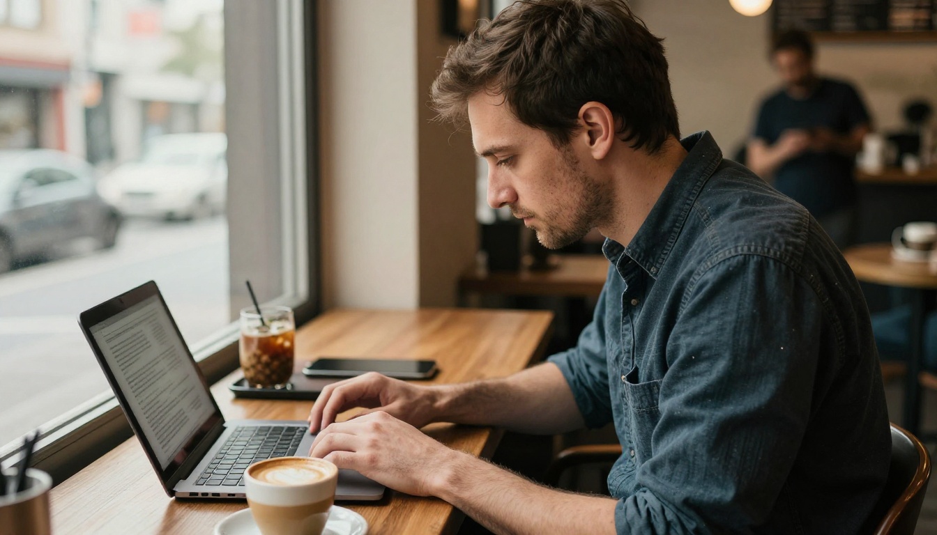 Man working on an e-book layout in a coffee shop Man working on an e-book layout in a coffee shop