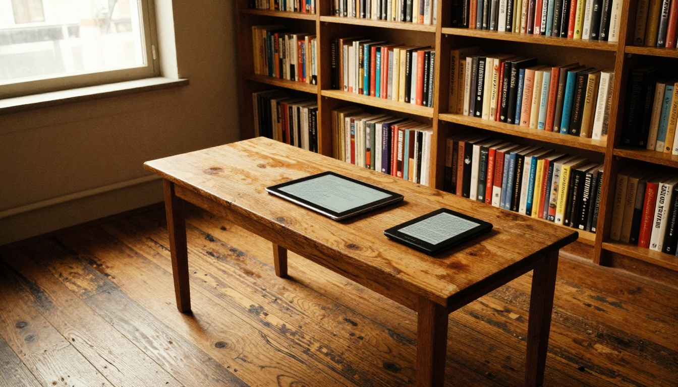 Bookstore reading table with tablet and e-reader Bookstore reading table with tablet and e-reader