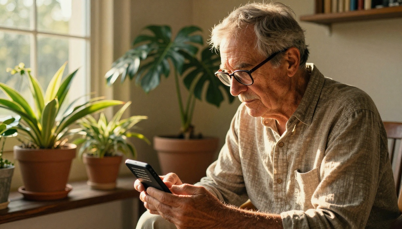 An older reader enlarging the font on a phone ebook on a sunny balcony