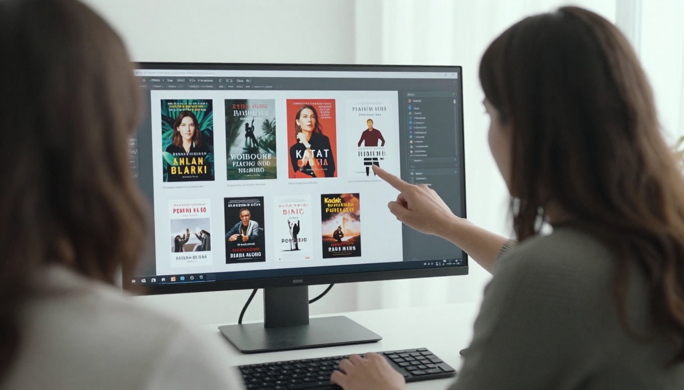Woman author reviewing a book jacket design on a monitor Woman author reviewing a book jacket design on a monitor