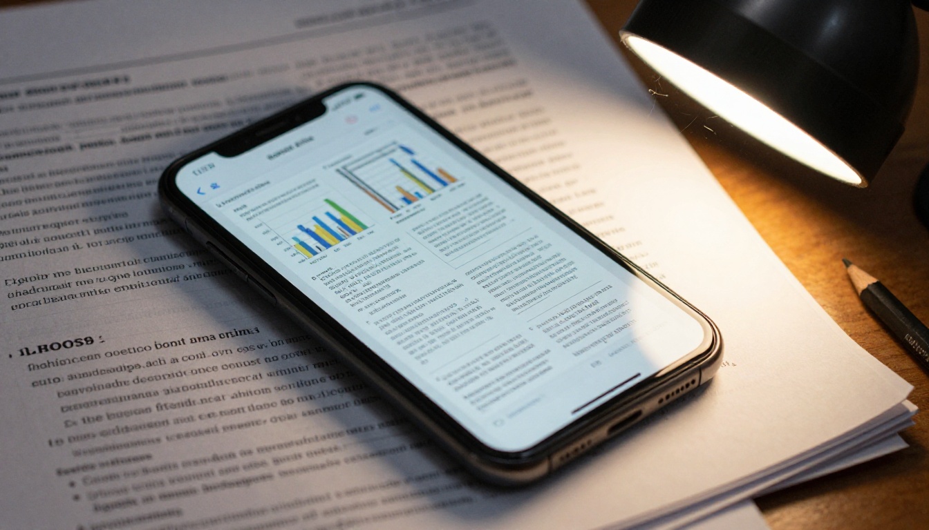 A phone resting on printed academic papers showing a dense PDF diagram page