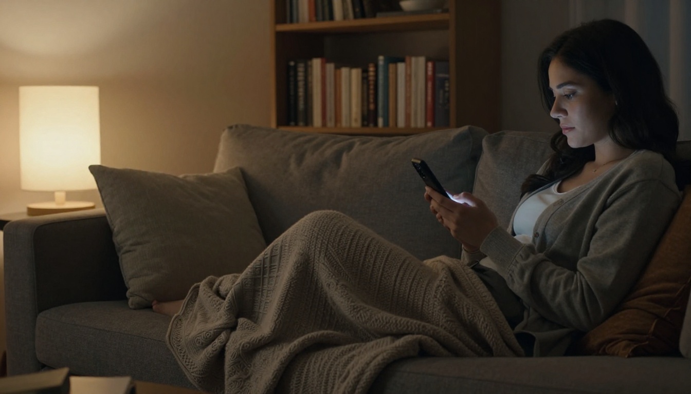 A reader lying on a sofa in the evening using dark mode on a phone