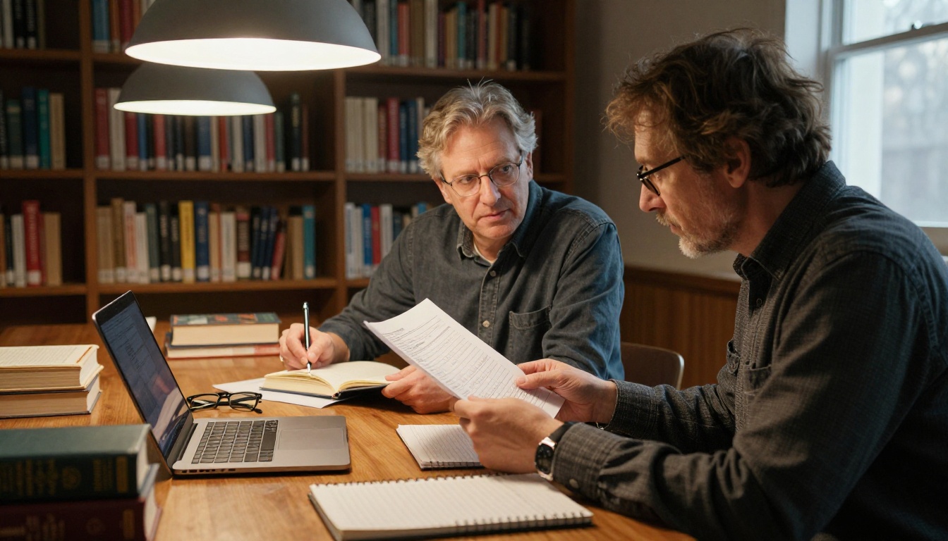 Two authors discussing a checklist at a library table Two authors discussing a checklist at a library table