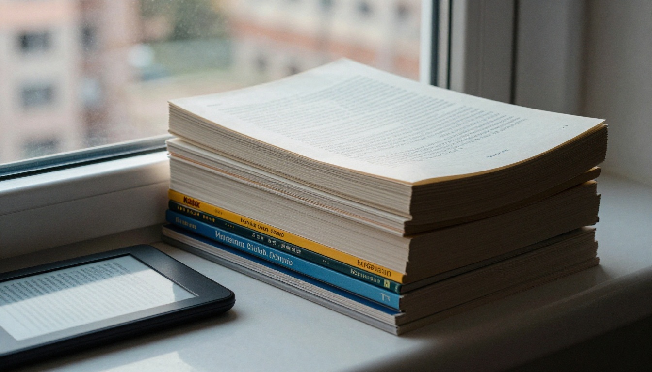 Printed paperbacks next to a Kindle and laptop on a windowsill Printed paperbacks next to a Kindle and laptop on a windowsill