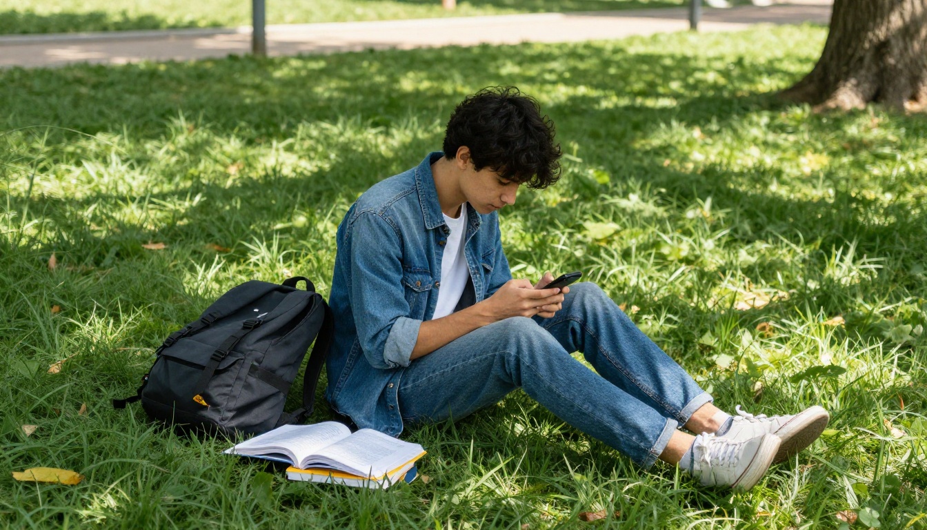 A student reading on a phone on a university lawn beside a printed textbook