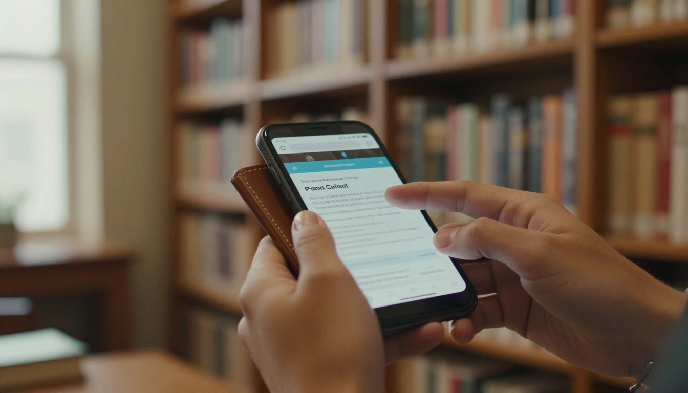 Hands swiping a page turn on a phone with a warm library background