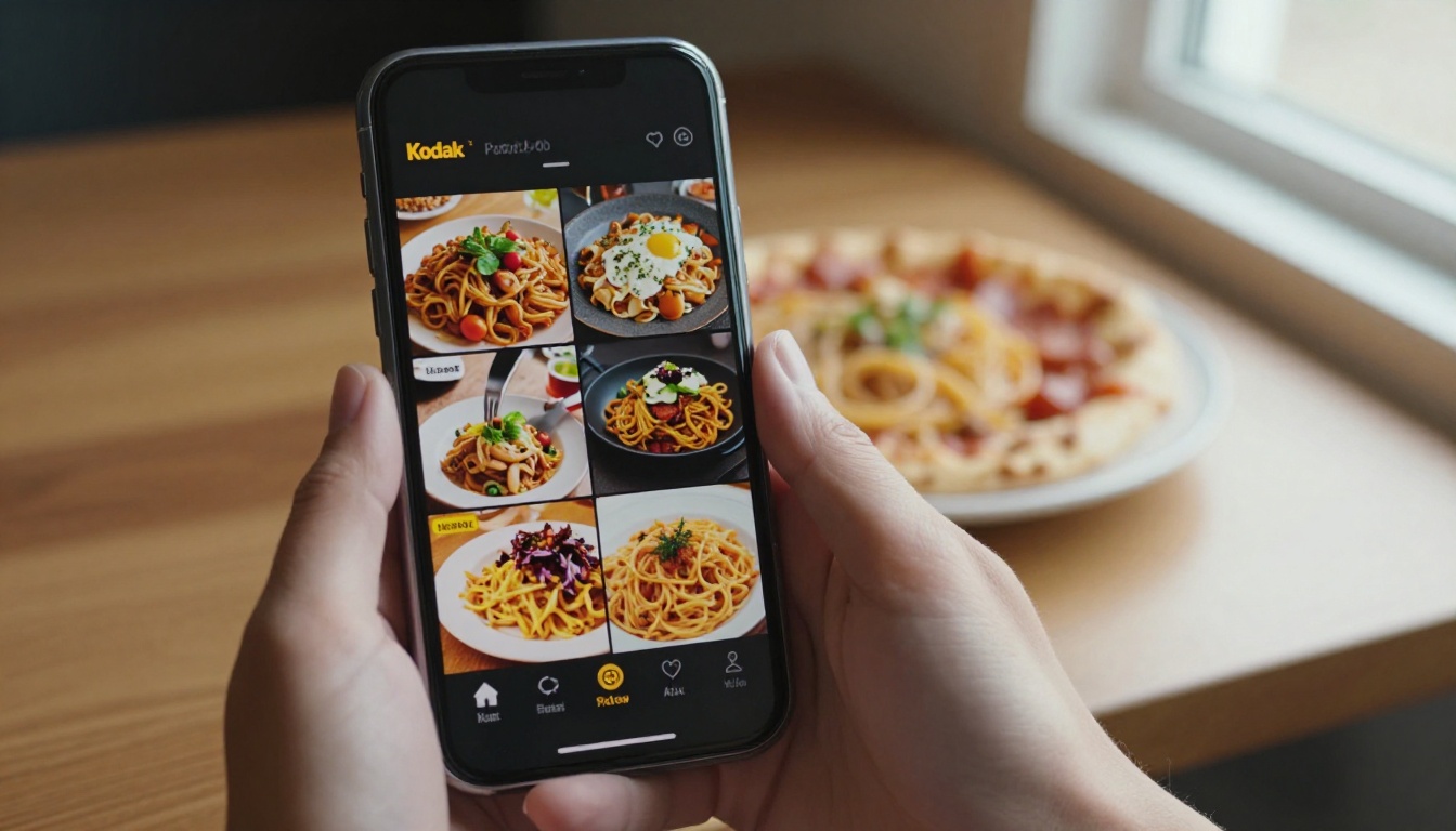 Hand holding a smartphone showing a colorful restaurant menu above a wooden table with a plate of pasta Hand holding a smartphone showing a colorful restaurant menu above a wooden table with a plate of pasta