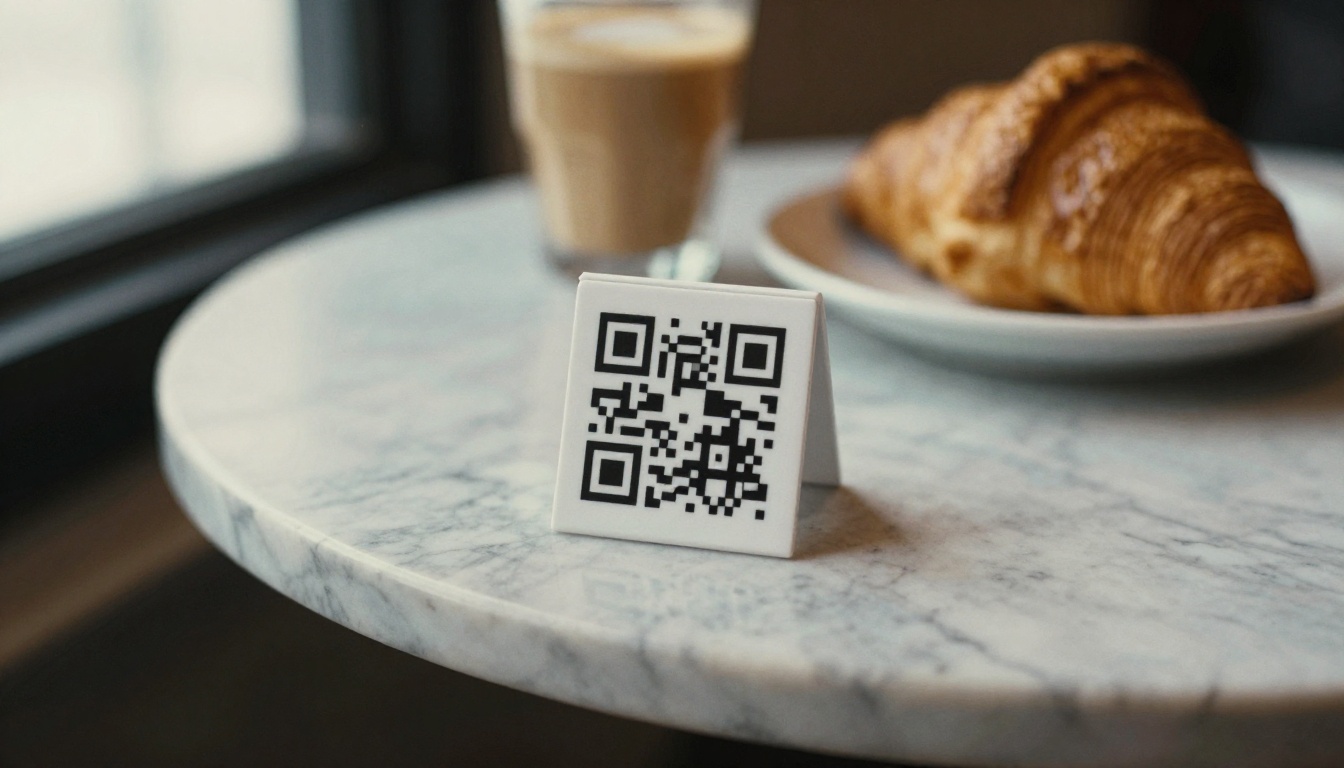 Low-angle view of a QR code table tent on a marble cafe table with a latte and croissant behind it Low-angle view of a QR code table tent on a marble cafe table with a latte and croissant behind it