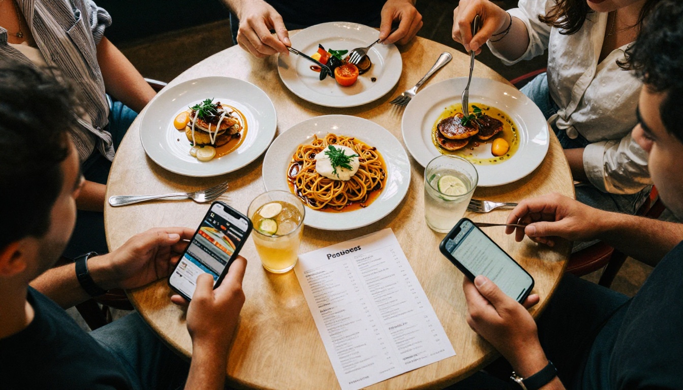 Aerial overhead view of a restaurant table set for four friends with phones and a printed menu side by side Aerial overhead view of a restaurant table set for four friends with phones and a printed menu side by side